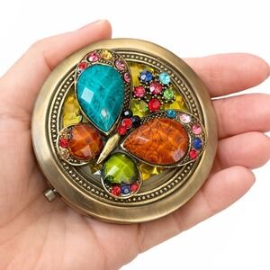 Compact Mirror Multi Jeweled Embellished Butterfly Bronze Tone Dual Side Folded